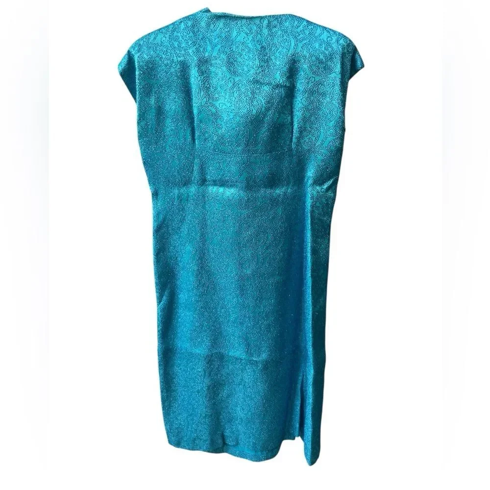 Vintage Blue Turquoise Metallic Dress Suit Set with Blazer Size Medium